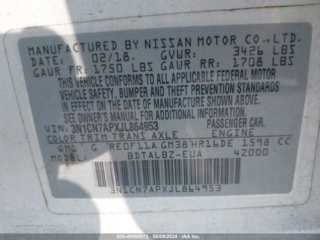 Photo 8 VIN: 3N1CN7APXJL864953 - NISSAN VERSA 