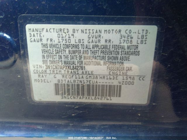 Photo 8 VIN: 3N1CN7APXKL842761 - NISSAN VERSA SEDAN 