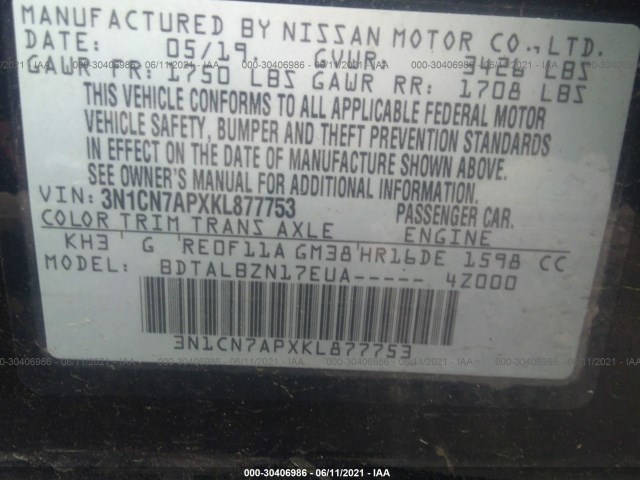 Photo 8 VIN: 3N1CN7APXKL877753 - NISSAN VERSA SEDAN 