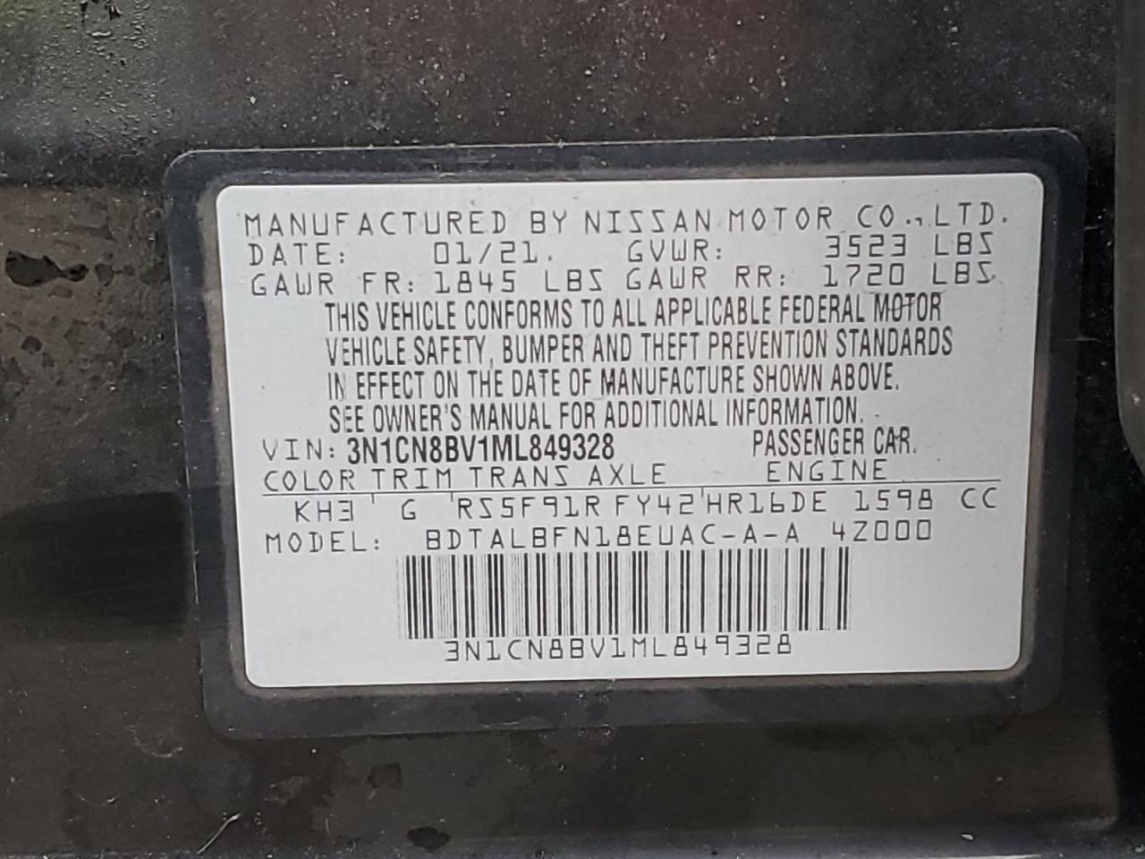 Photo 11 VIN: 3N1CN8BV1ML849328 - NISSAN VERSA 