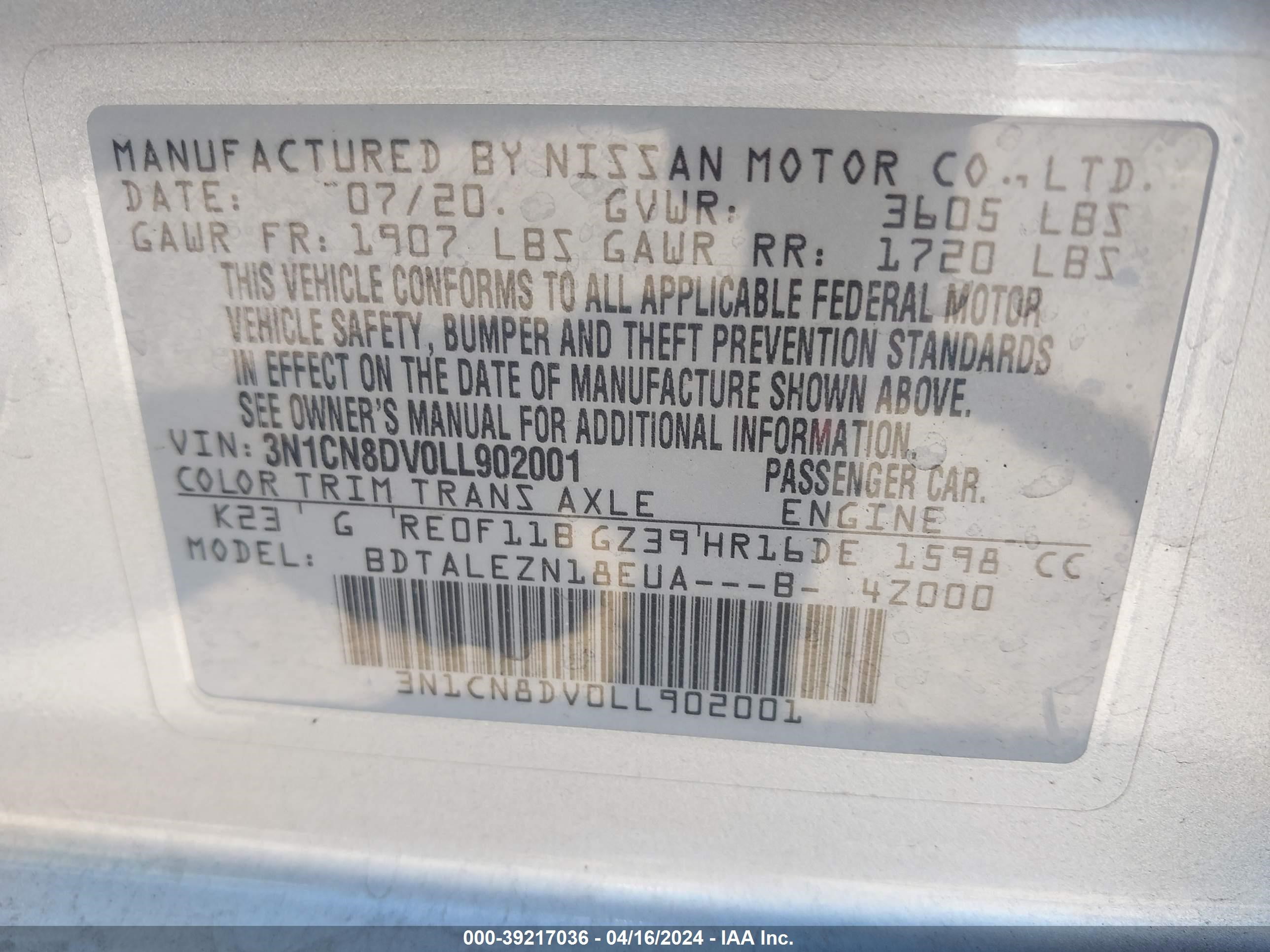 Photo 8 VIN: 3N1CN8DV0LL902001 - NISSAN VERSA 