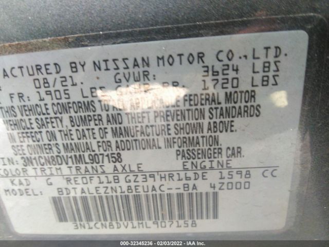 Photo 8 VIN: 3N1CN8DV1ML907158 - NISSAN VERSA 