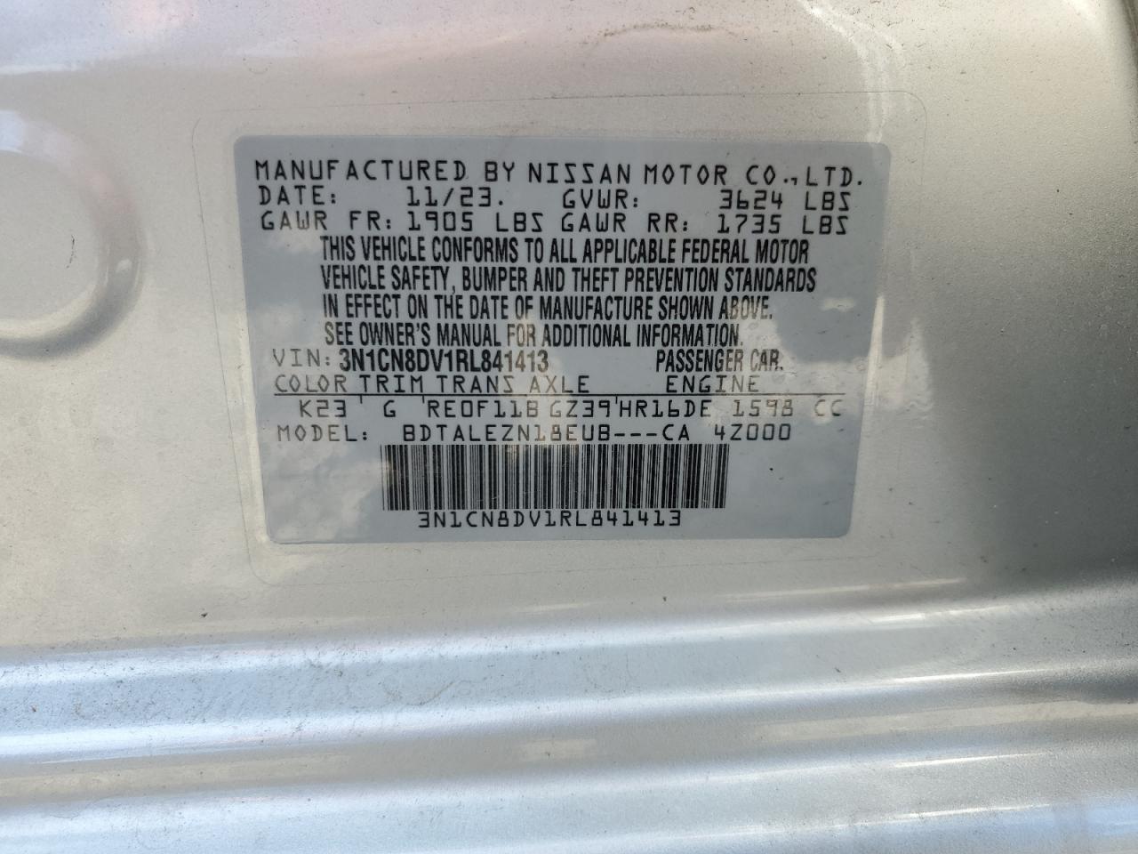 Photo 12 VIN: 3N1CN8DV1RL841413 - NISSAN VERSA 