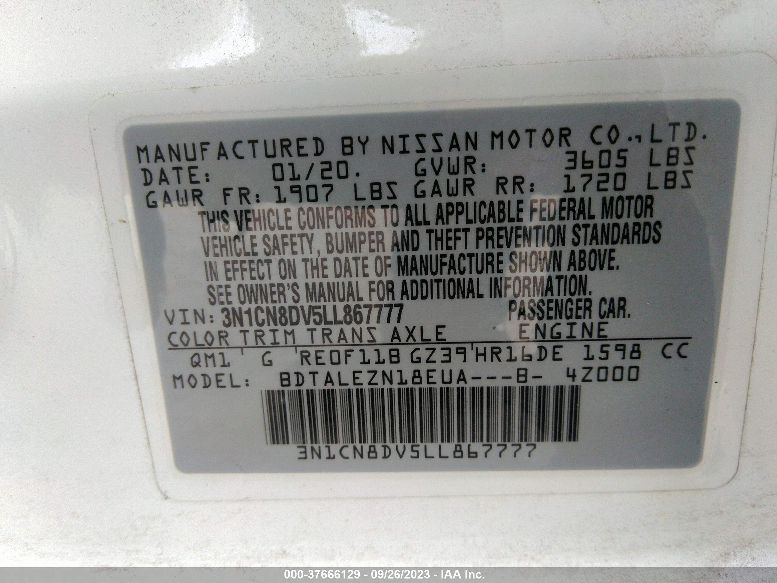 Photo 8 VIN: 3N1CN8DV5LL867777 - NISSAN VERSA 