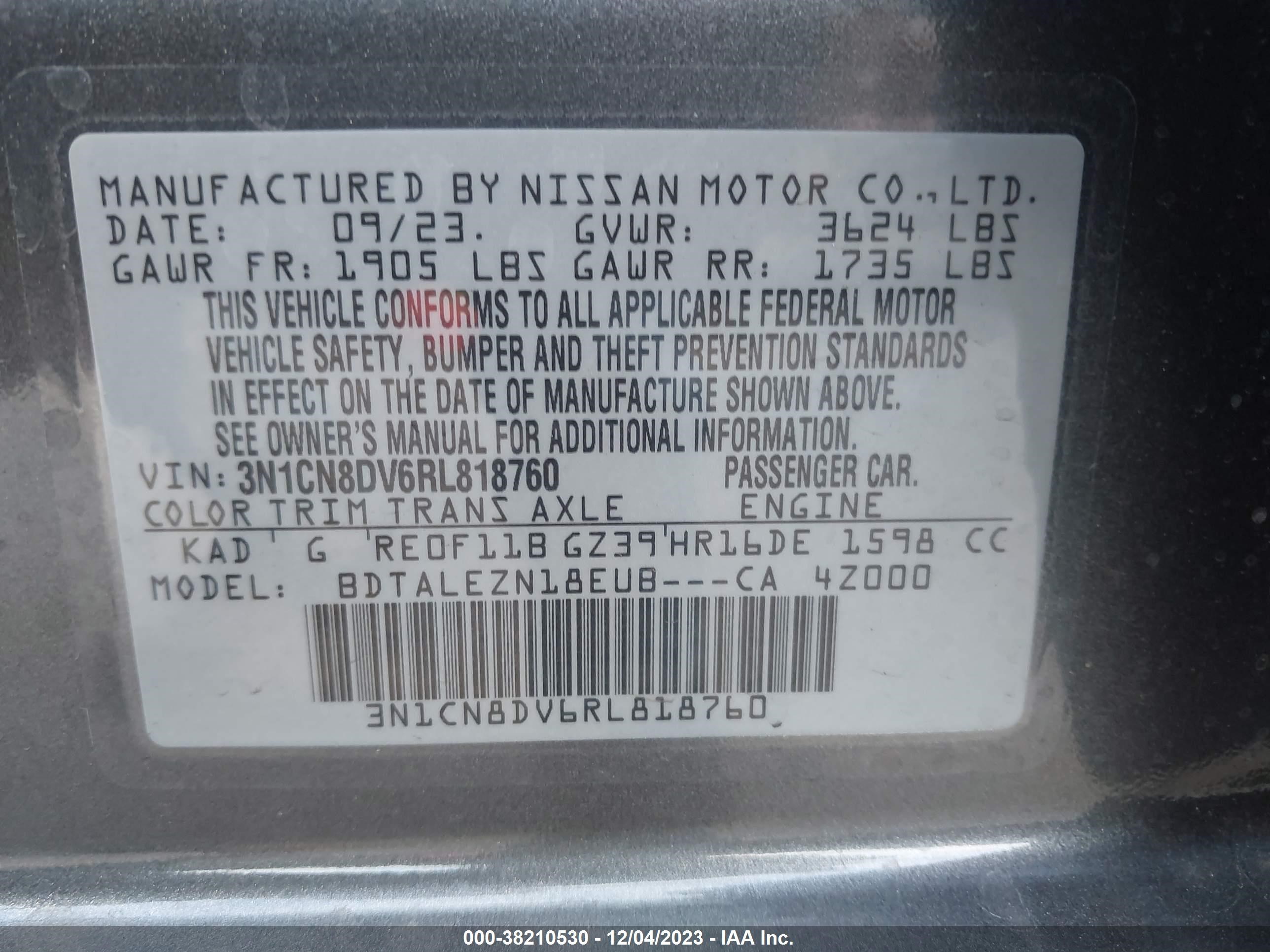 Photo 8 VIN: 3N1CN8DV6RL818760 - NISSAN VERSA 