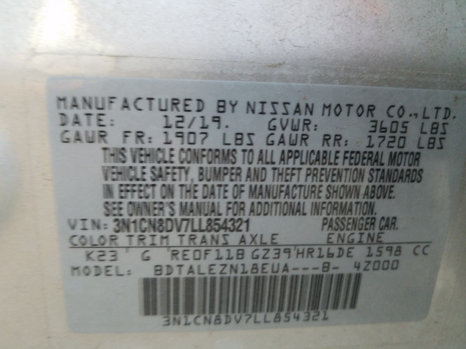 Photo 9 VIN: 3N1CN8DV7LL854321 - NISSAN VERSA S 