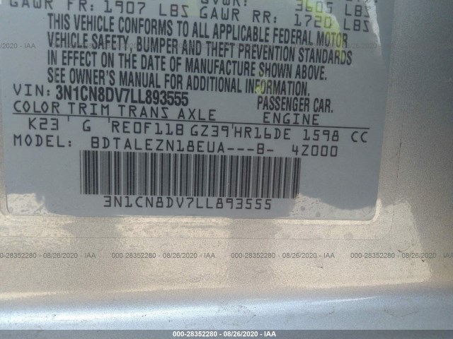 Photo 8 VIN: 3N1CN8DV7LL893555 - NISSAN VERSA 