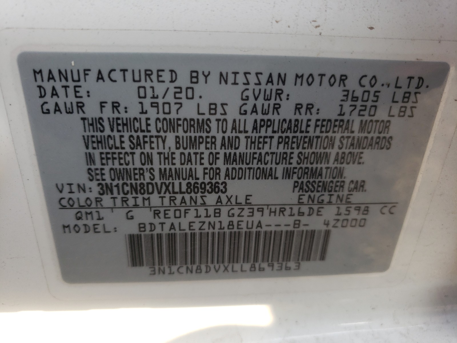 Photo 9 VIN: 3N1CN8DVXLL869363 - NISSAN VERSA S 