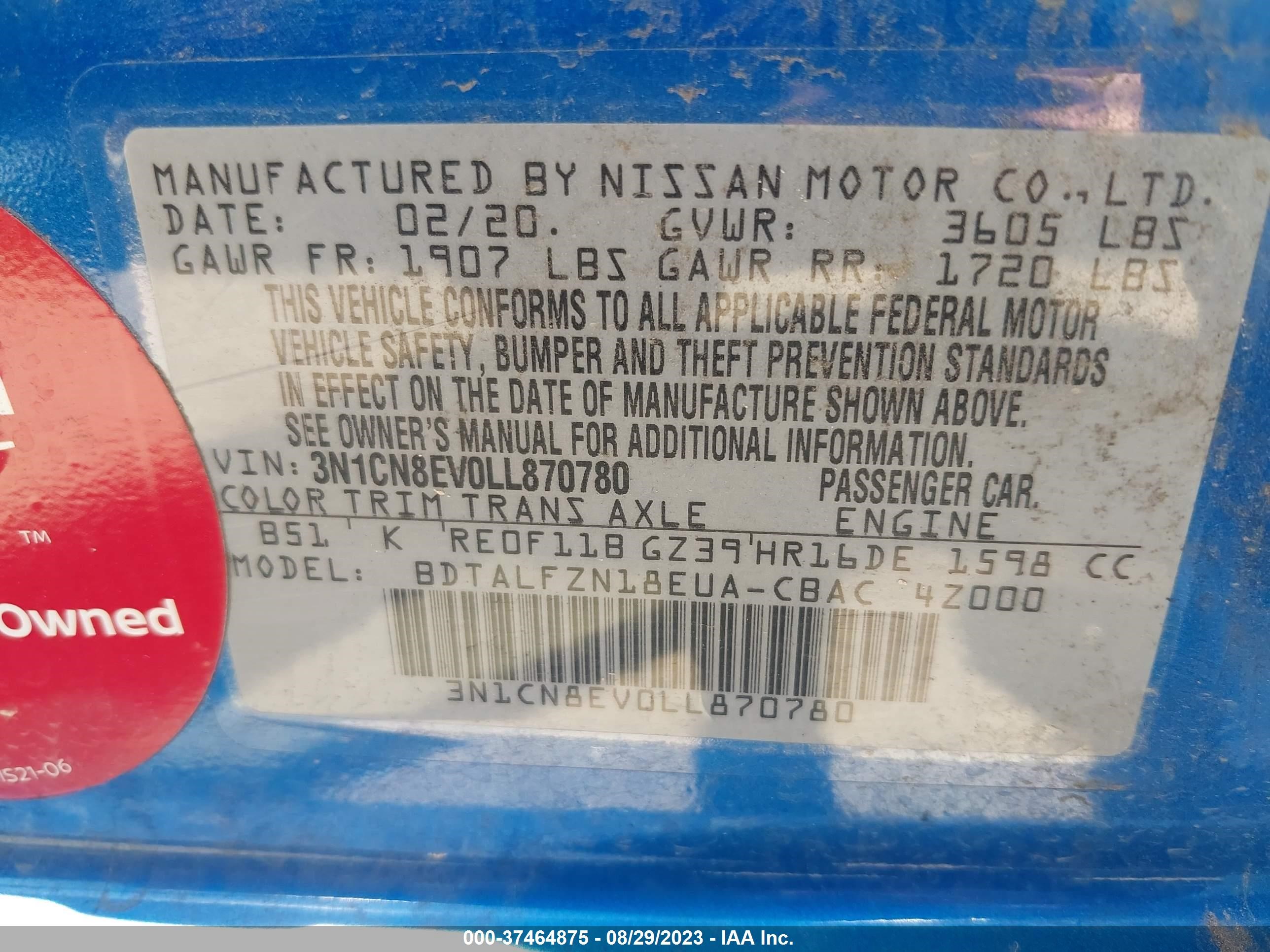 Photo 8 VIN: 3N1CN8EV0LL870780 - NISSAN VERSA 