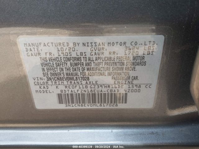 Photo 8 VIN: 3N1CN8EV0ML817028 - NISSAN VERSA 