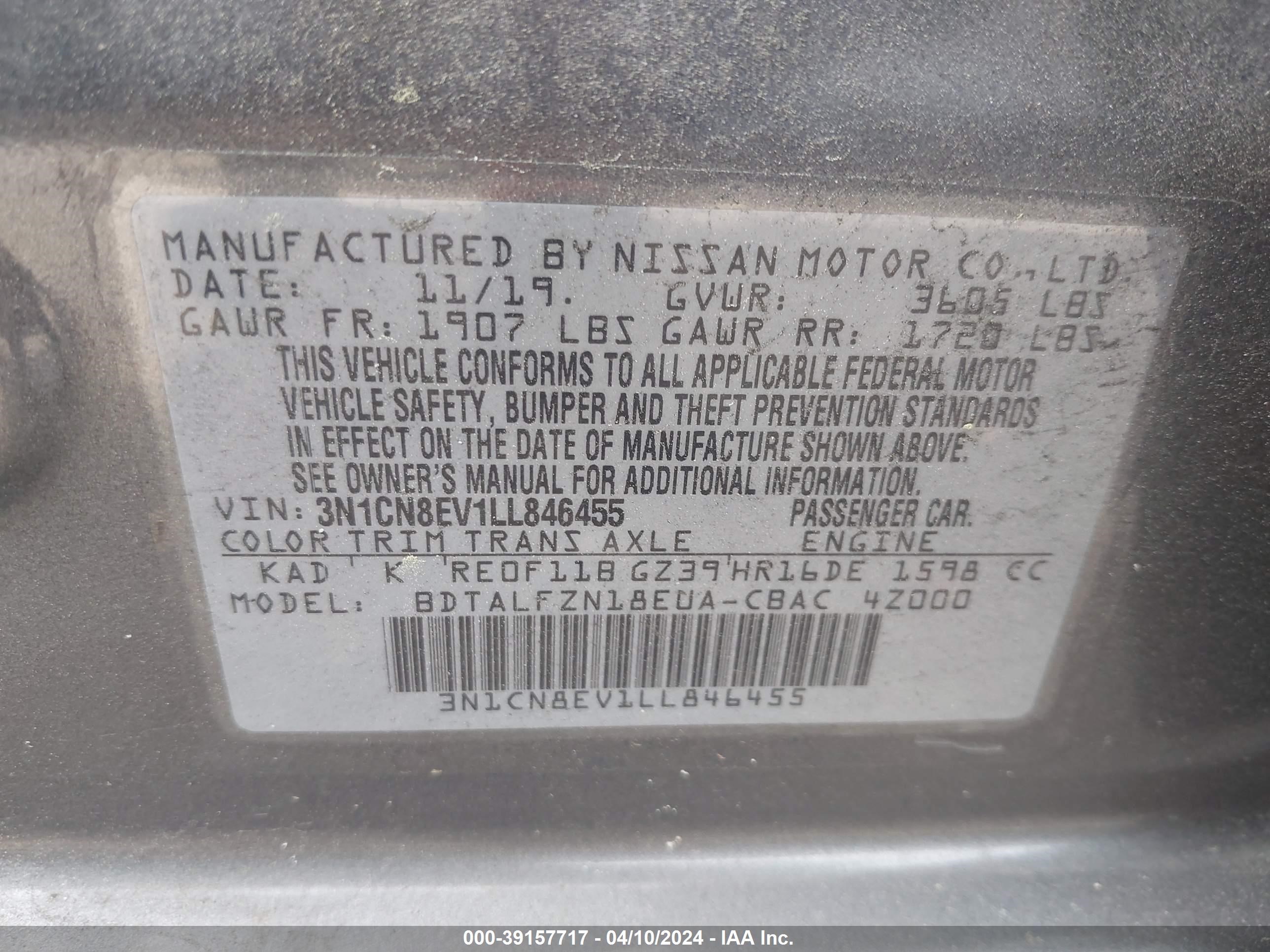 Photo 8 VIN: 3N1CN8EV1LL846455 - NISSAN VERSA 