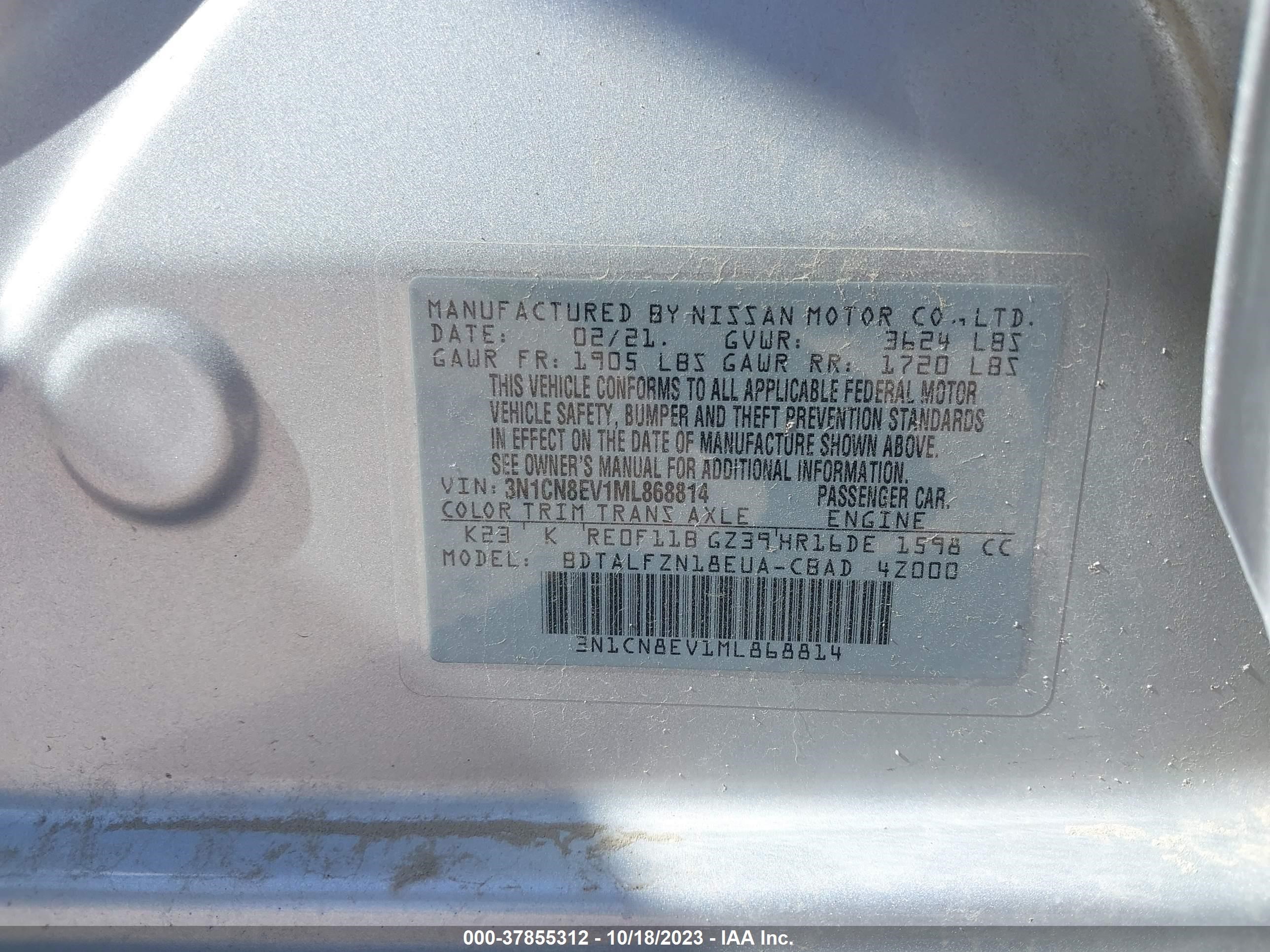 Photo 8 VIN: 3N1CN8EV1ML868814 - NISSAN VERSA 