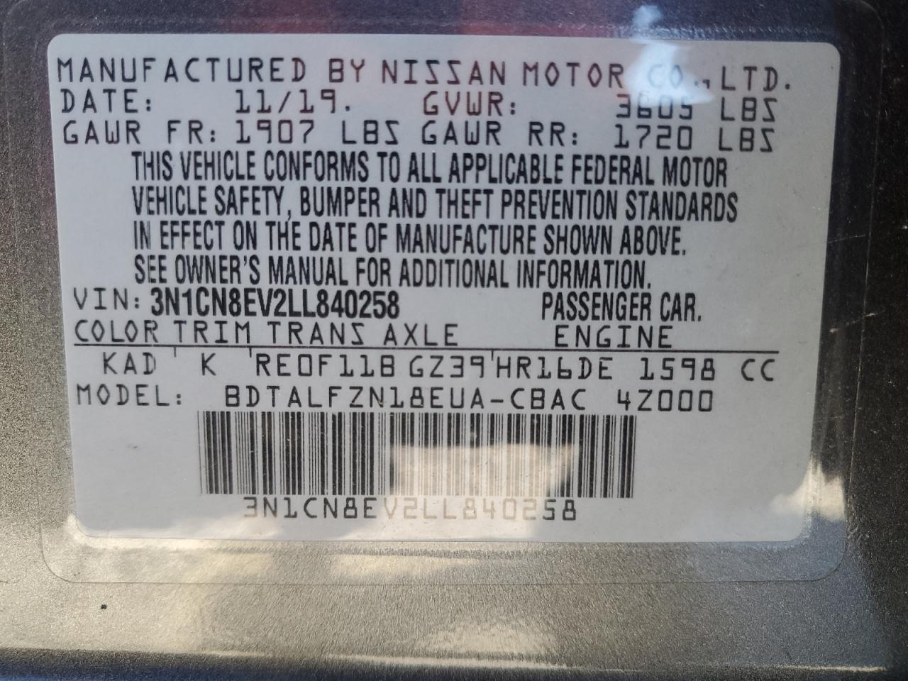 Photo 12 VIN: 3N1CN8EV2LL840258 - NISSAN VERSA 