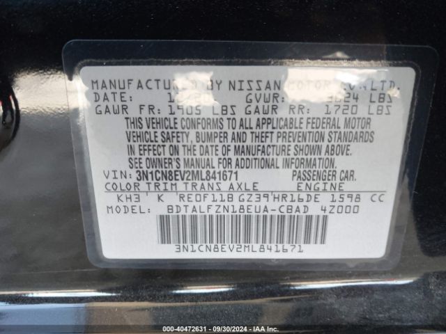 Photo 8 VIN: 3N1CN8EV2ML841671 - NISSAN VERSA 