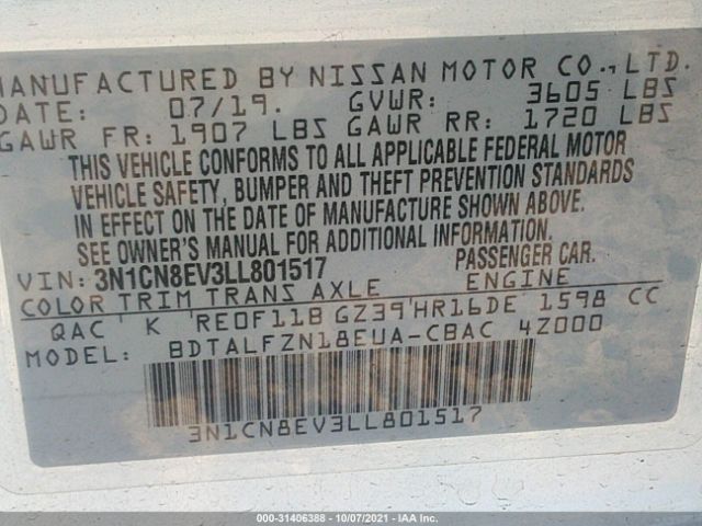 Photo 8 VIN: 3N1CN8EV3LL801517 - NISSAN VERSA 