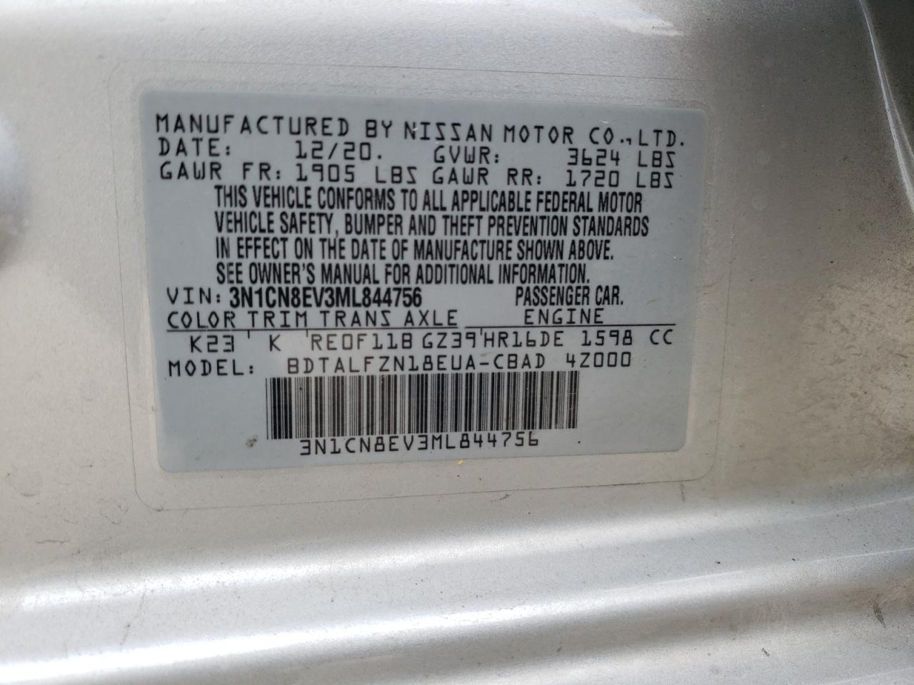 Photo 11 VIN: 3N1CN8EV3ML844756 - NISSAN VERSA 