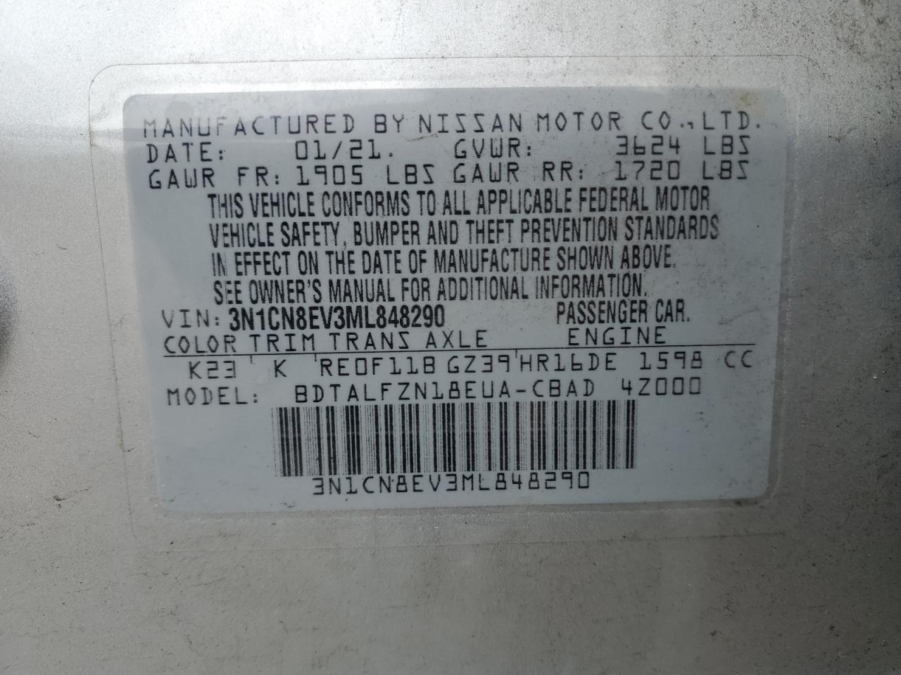 Photo 11 VIN: 3N1CN8EV3ML848290 - NISSAN VERSA 