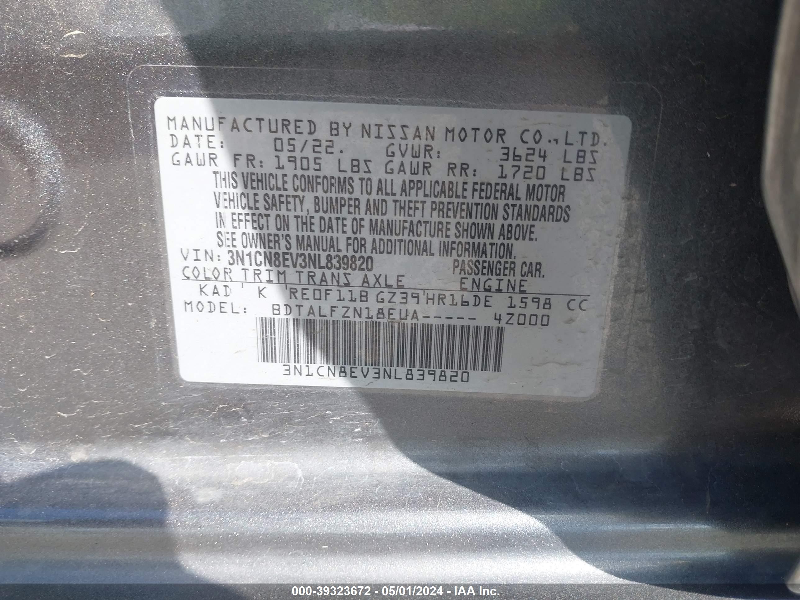 Photo 8 VIN: 3N1CN8EV3NL839820 - NISSAN VERSA 