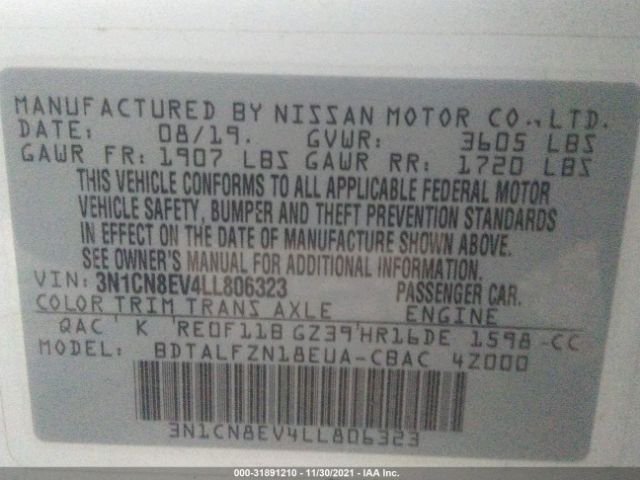 Photo 8 VIN: 3N1CN8EV4LL806323 - NISSAN VERSA 