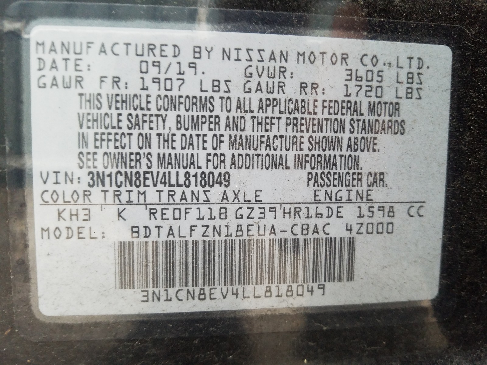 Photo 9 VIN: 3N1CN8EV4LL818049 - NISSAN VERSA SV 