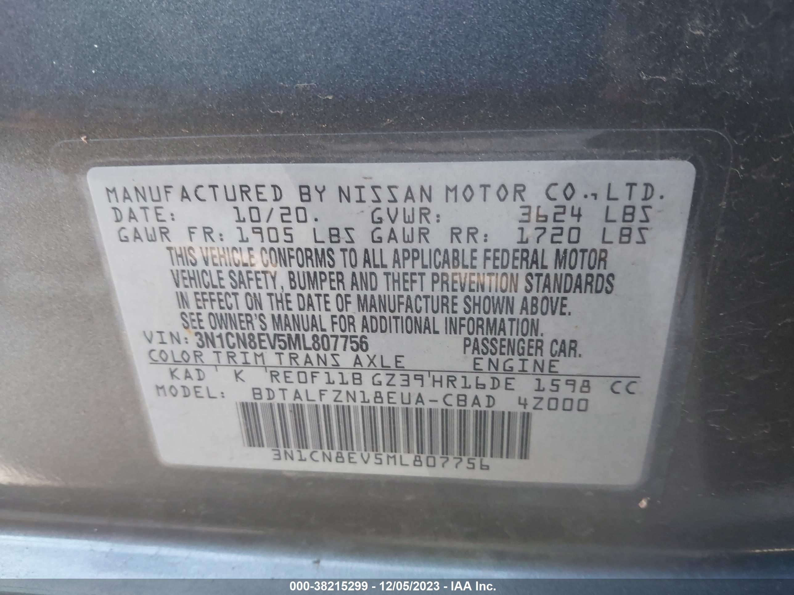 Photo 8 VIN: 3N1CN8EV5ML807756 - NISSAN VERSA 