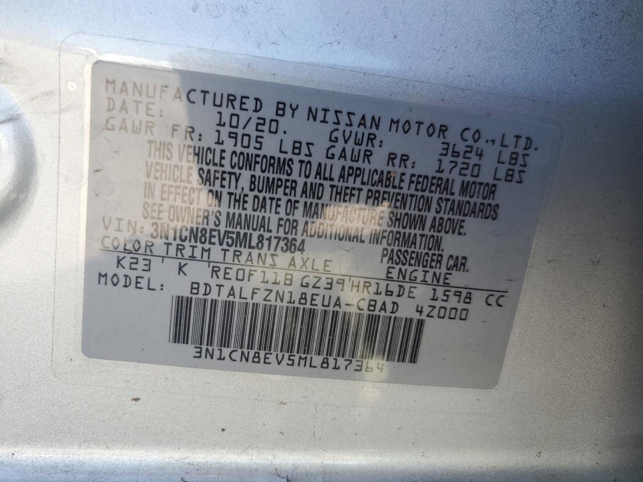 Photo 11 VIN: 3N1CN8EV5ML817364 - NISSAN VERSA 