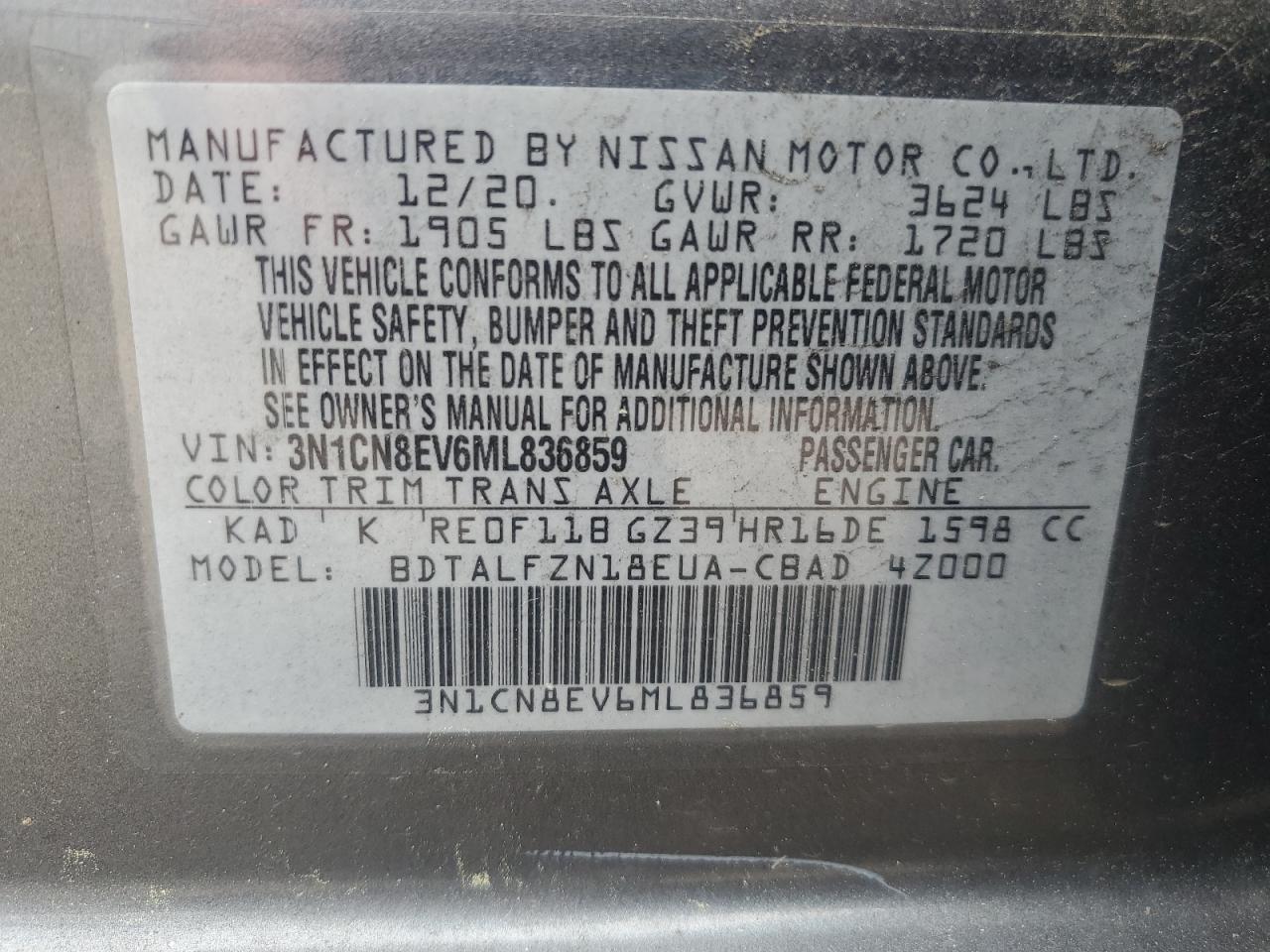 Photo 11 VIN: 3N1CN8EV6ML836859 - NISSAN VERSA 