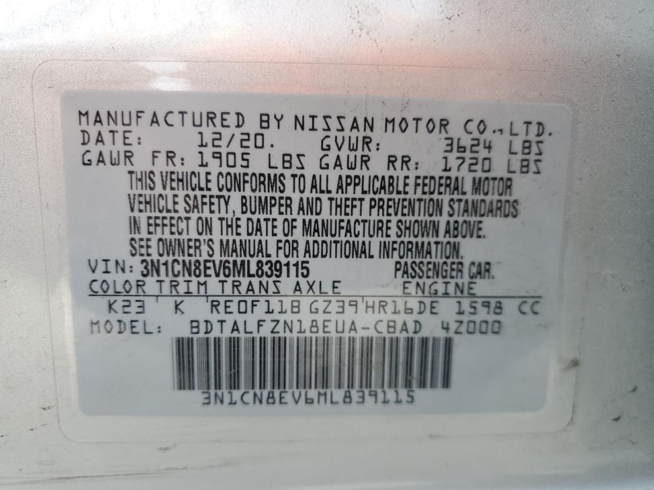 Photo 11 VIN: 3N1CN8EV6ML839115 - NISSAN VERSA 