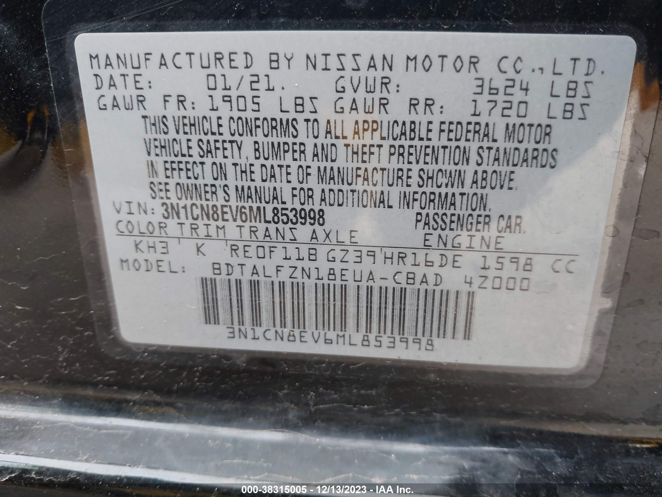 Photo 8 VIN: 3N1CN8EV6ML853998 - NISSAN VERSA 