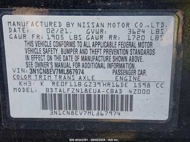 Photo 8 VIN: 3N1CN8EV7ML867974 - NISSAN VERSA 