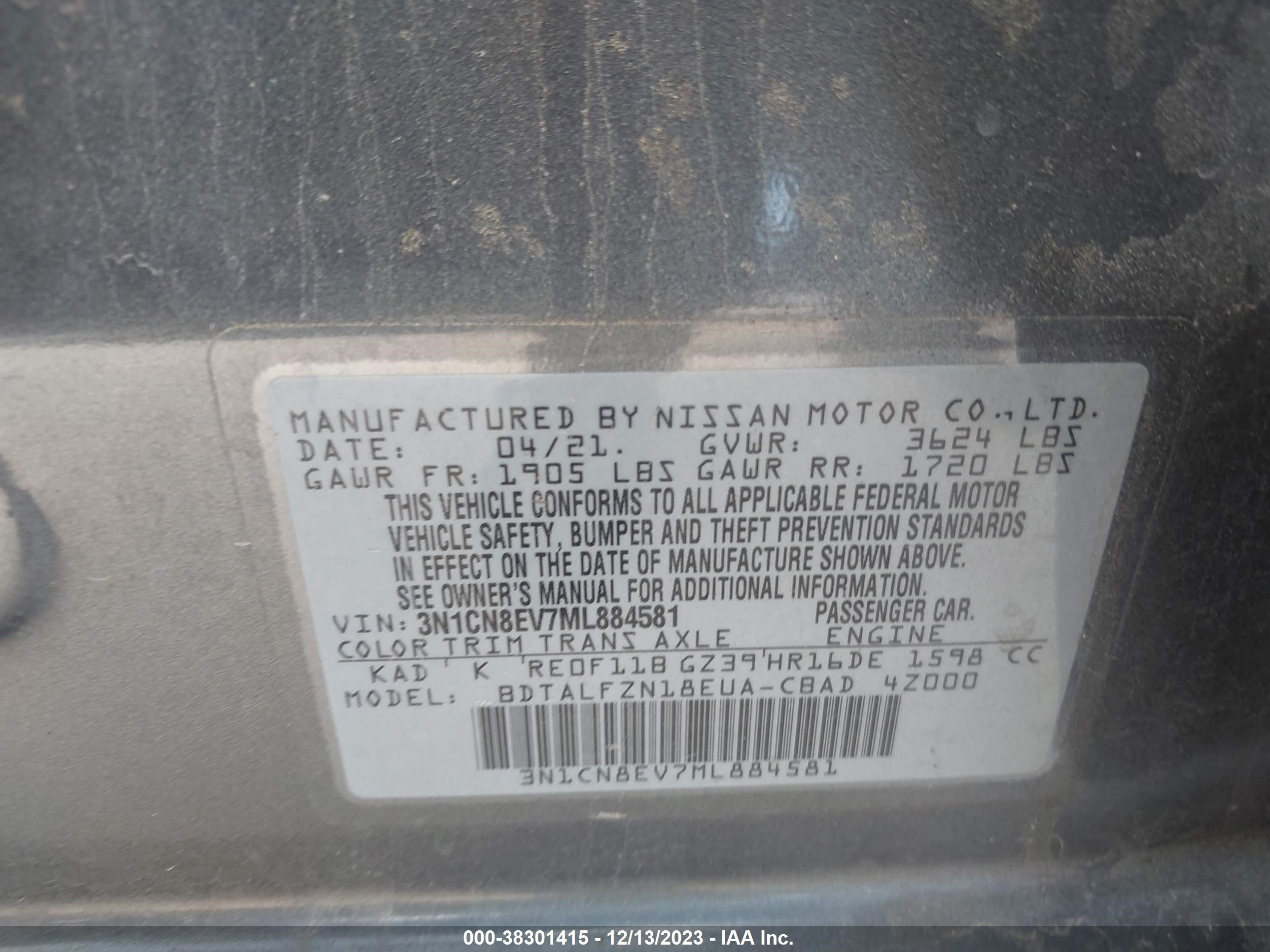 Photo 8 VIN: 3N1CN8EV7ML884581 - NISSAN VERSA 