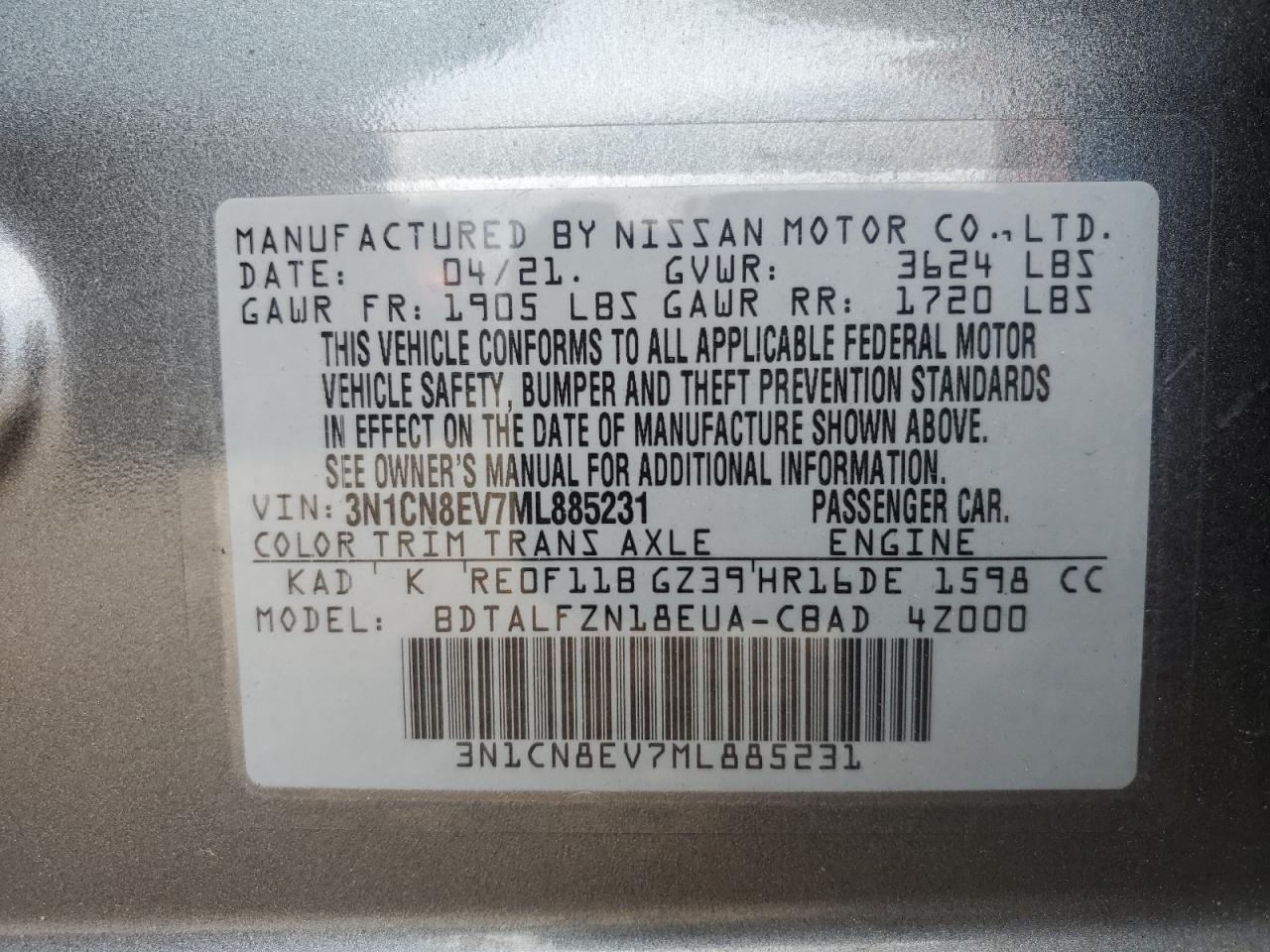 Photo 11 VIN: 3N1CN8EV7ML885231 - NISSAN VERSA 