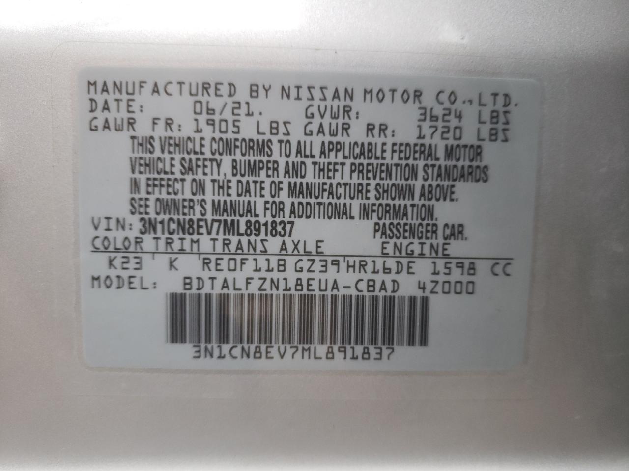 Photo 11 VIN: 3N1CN8EV7ML891837 - NISSAN VERSA 