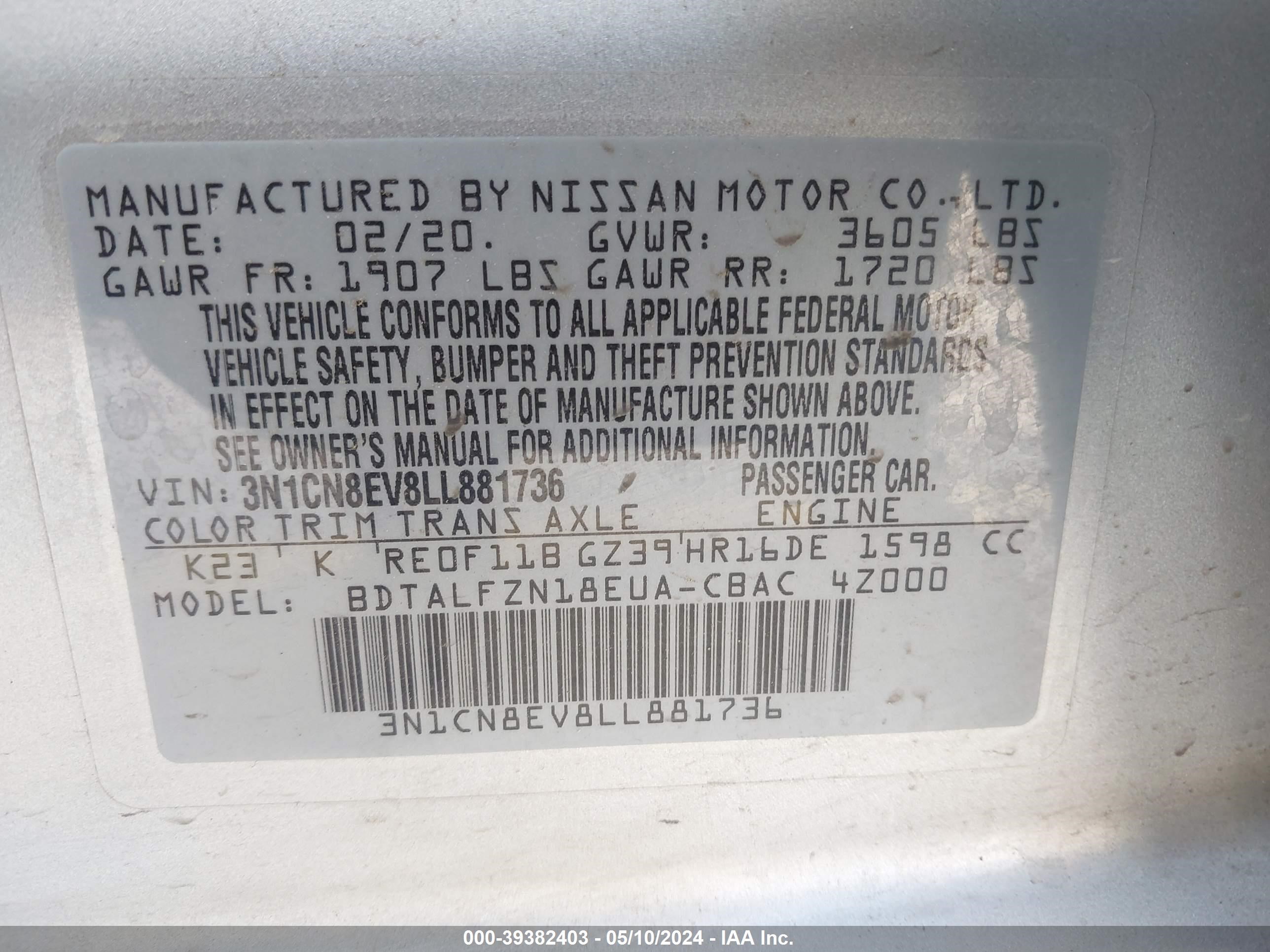 Photo 8 VIN: 3N1CN8EV8LL881736 - NISSAN VERSA 