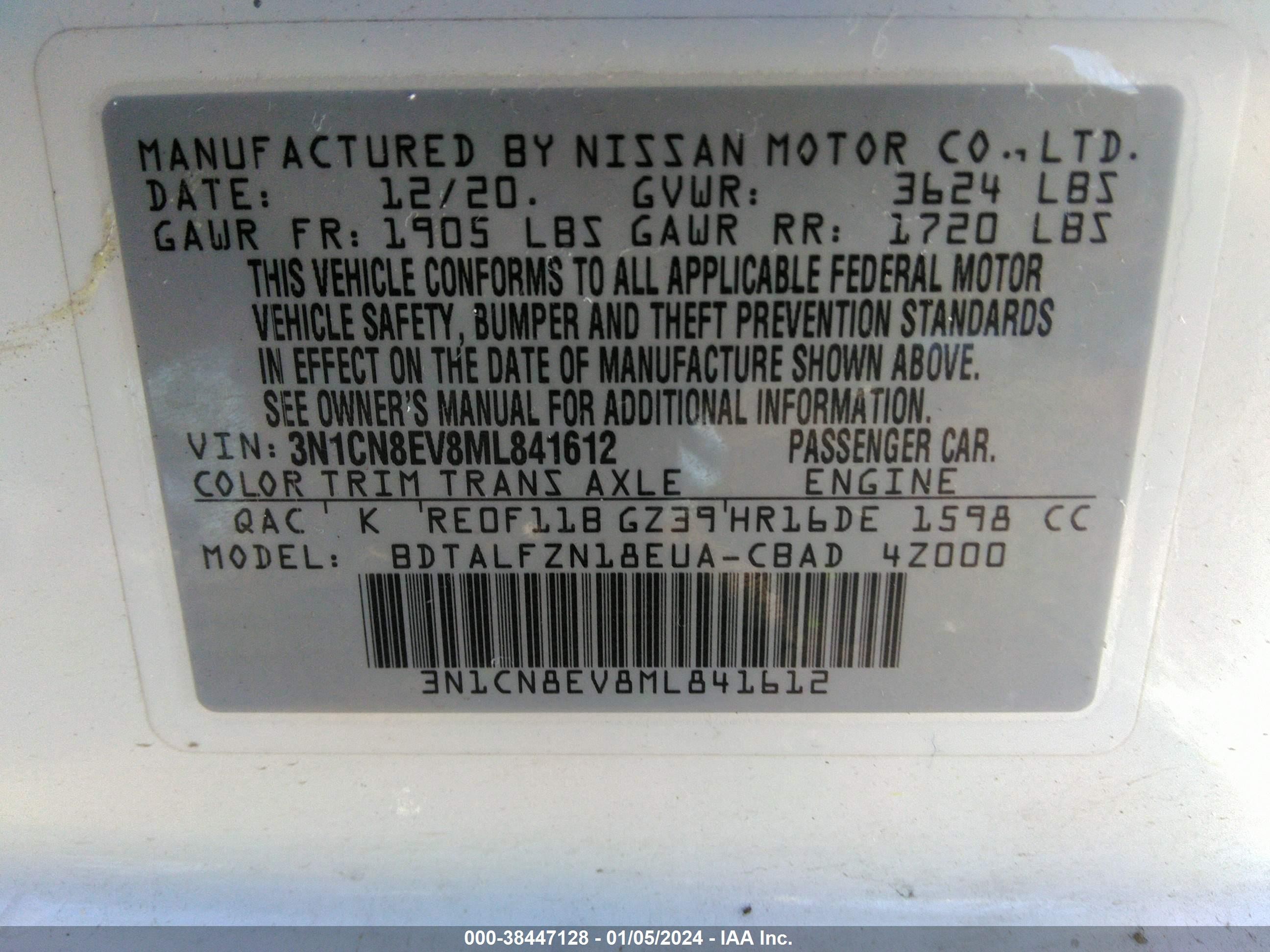 Photo 8 VIN: 3N1CN8EV8ML841612 - NISSAN VERSA 