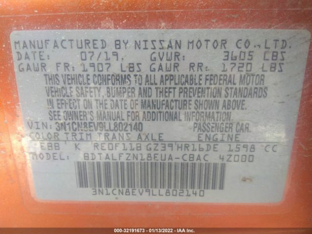 Photo 8 VIN: 3N1CN8EV9LL802140 - NISSAN VERSA 