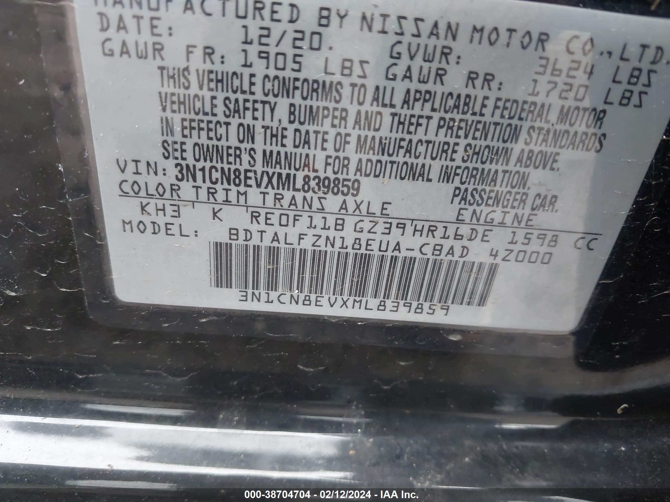 Photo 8 VIN: 3N1CN8EVXML839859 - NISSAN VERSA 