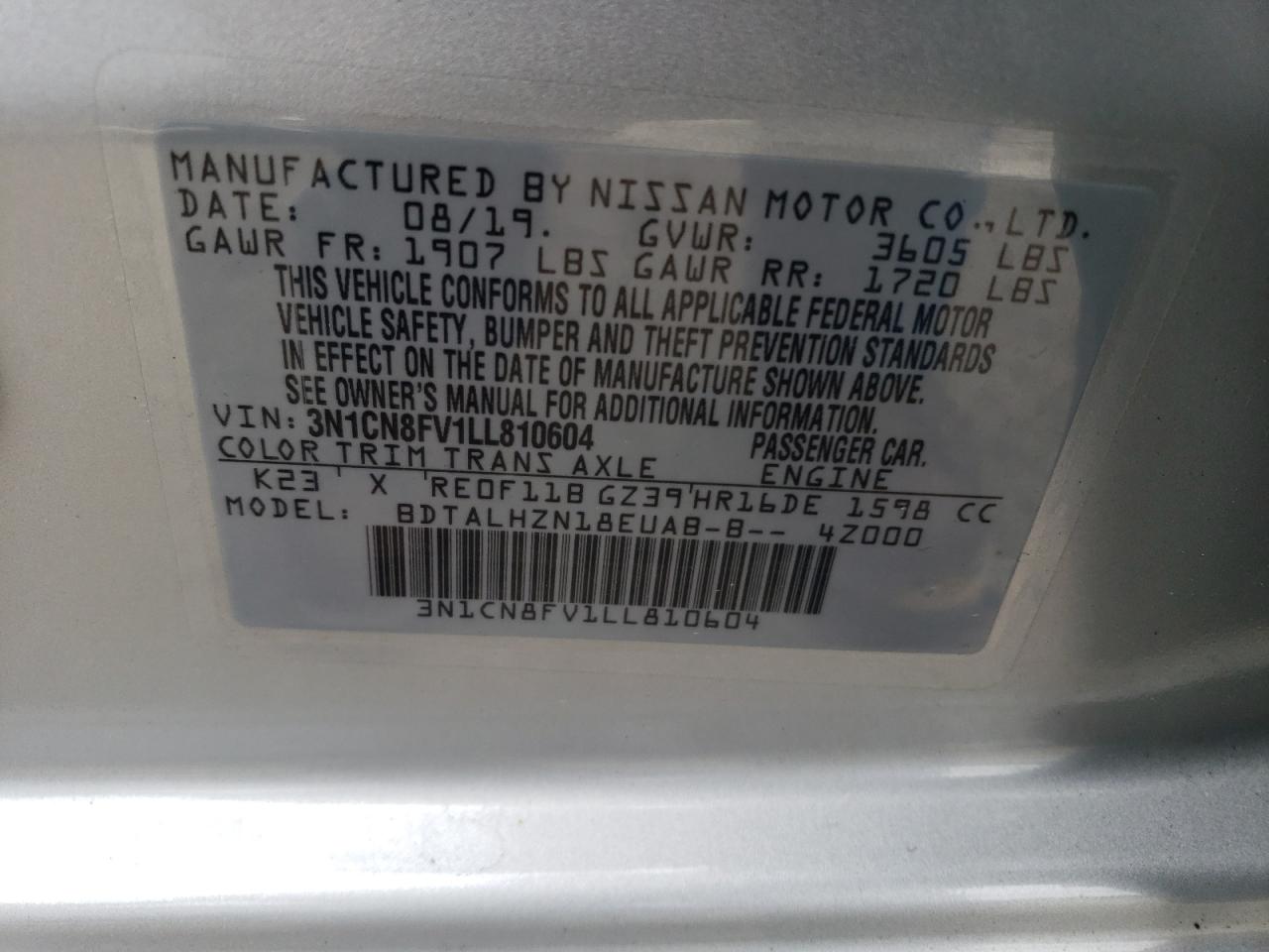 Photo 11 VIN: 3N1CN8FV1LL810604 - NISSAN VERSA 