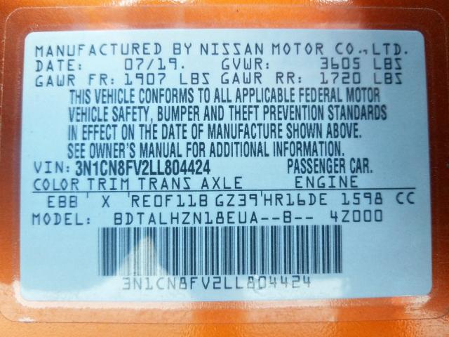 Photo 9 VIN: 3N1CN8FV2LL804424 - NISSAN VERSA SR 