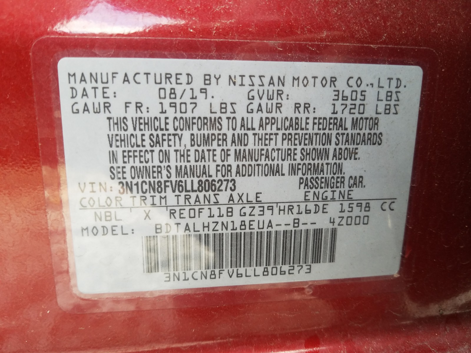 Photo 9 VIN: 3N1CN8FV6LL806273 - NISSAN VERSA SR 