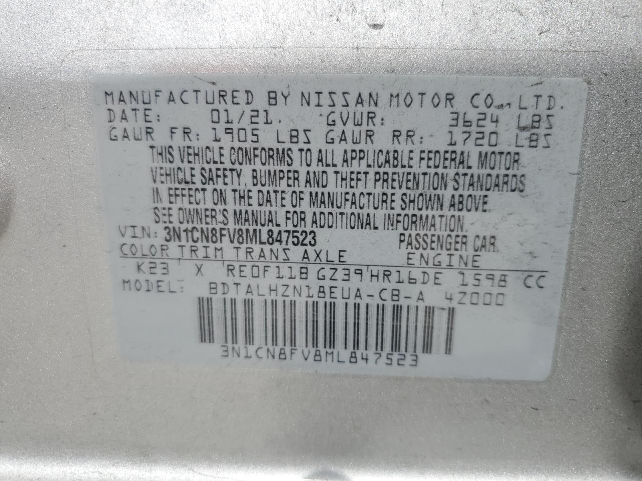 Photo 12 VIN: 3N1CN8FV8ML847523 - NISSAN VERSA 