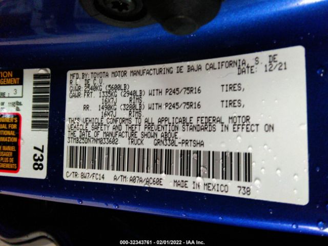 Photo 8 VIN: 3TMBZ5DN7NM033602 - TOYOTA TACOMA 