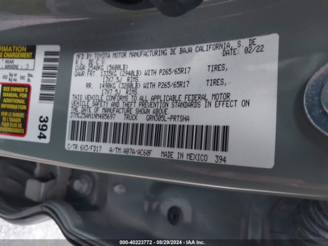 Photo 8 VIN: 3TMCZ5AN1NM485697 - TOYOTA TACOMA DOU 