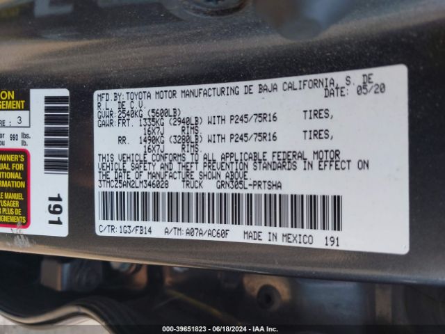 Photo 8 VIN: 3TMCZ5AN2LM346028 - TOYOTA TACOMA 