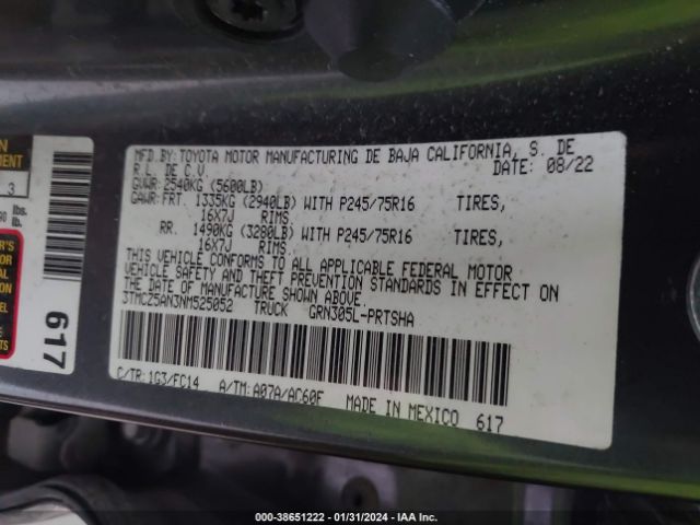 Photo 8 VIN: 3TMCZ5AN3NM525052 - TOYOTA TACOMA 