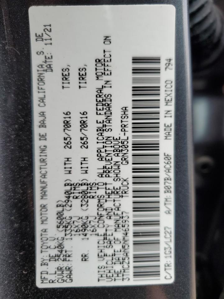 Photo 11 VIN: 3TMCZ5AN5NM465937 - TOYOTA TACOMA 