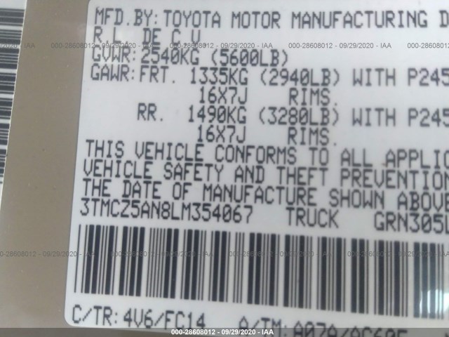 Photo 8 VIN: 3TMCZ5AN8LM354067 - TOYOTA TACOMA 4WD 