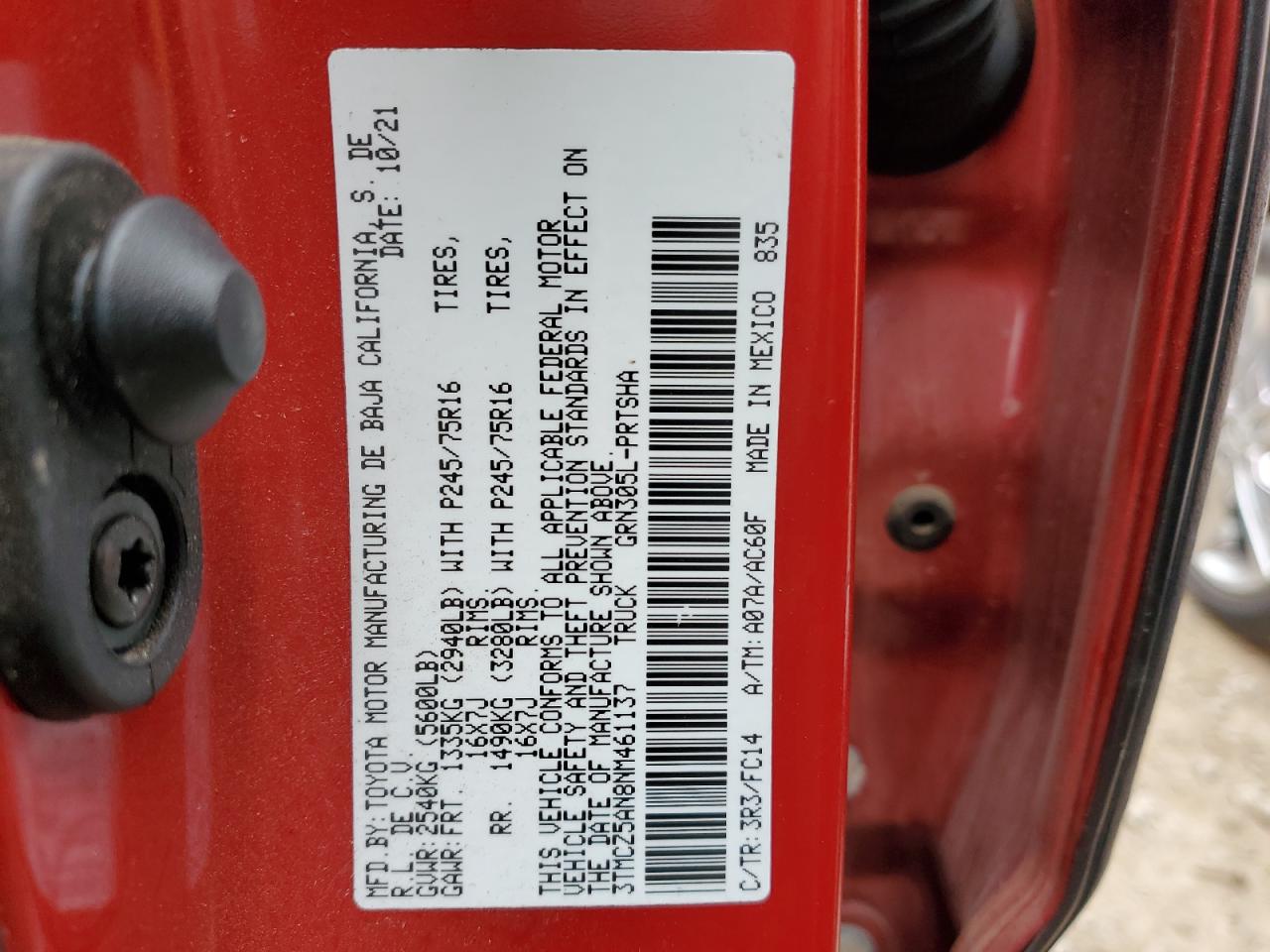 Photo 12 VIN: 3TMCZ5AN8NM461137 - TOYOTA TACOMA 