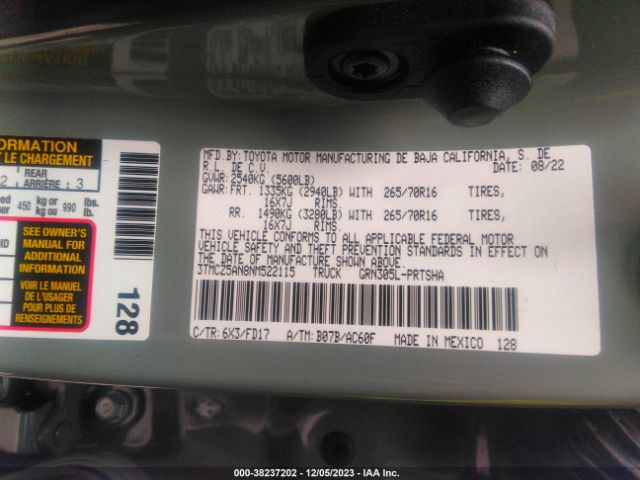 Photo 8 VIN: 3TMCZ5AN8NM522115 - TOYOTA TACOMA 