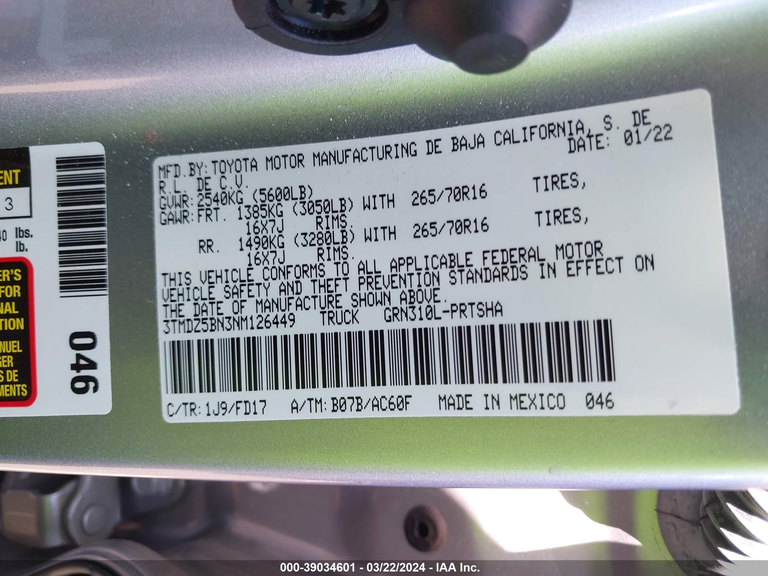 Photo 8 VIN: 3TMDZ5BN3NM126449 - TOYOTA TACOMA 